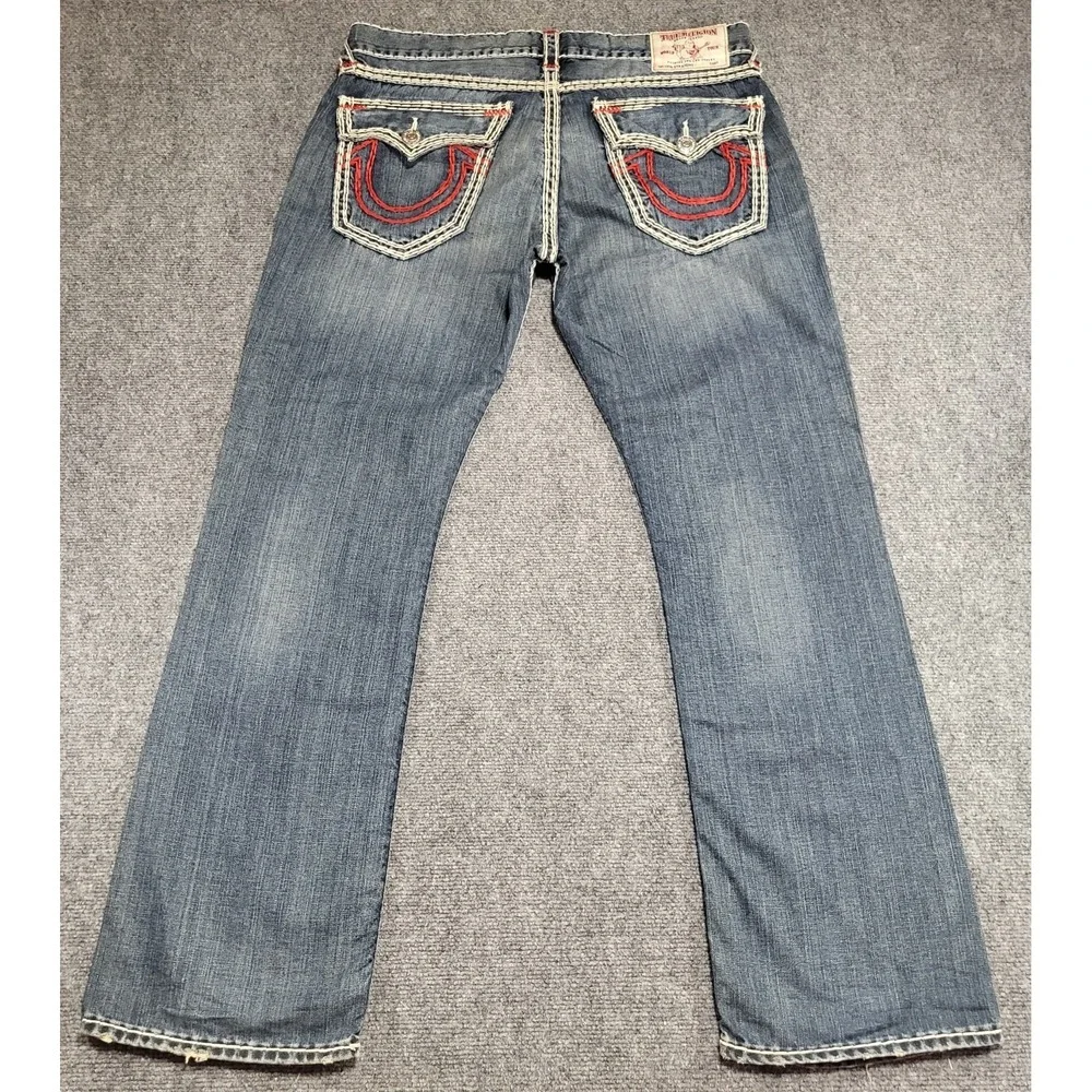 Vtg True Religion Men's Dark Desire Blue Red White Rope Stitch Jeans Size 38